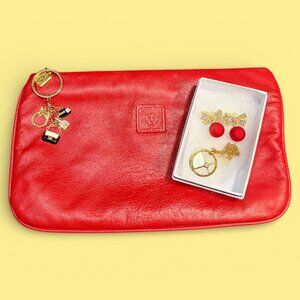 ANNE KLEIN RED BUTTERY SOFT LEATHER CLUTCH WITH ER, NECKLACE